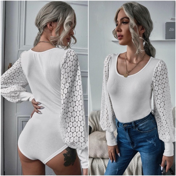 white lace wide long sleeve bodysuit boho - Picture 2 of 3